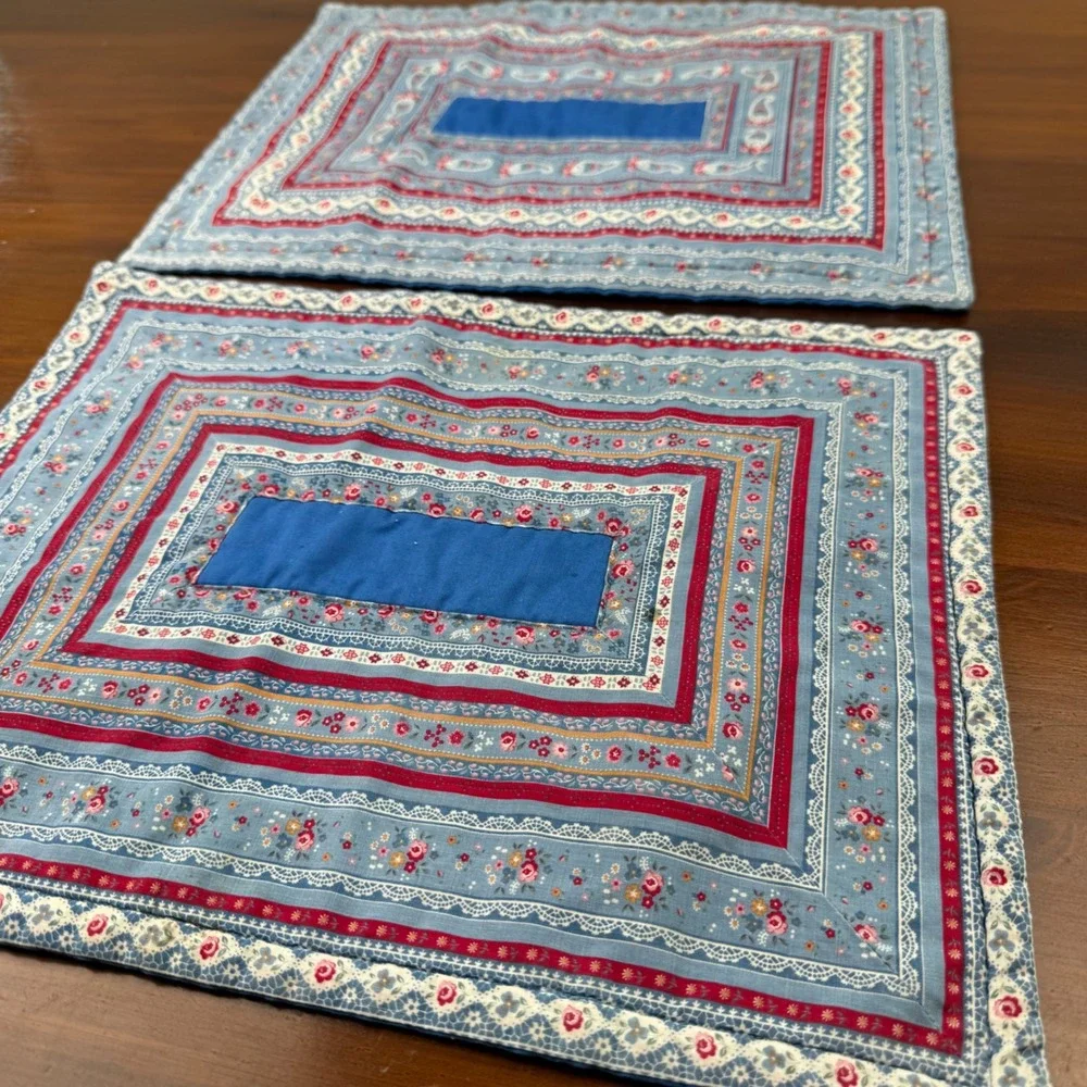 Vintage Quilted Placemats Set of 2 Blue Red Floral Paisley Cottagecore Farmhouse